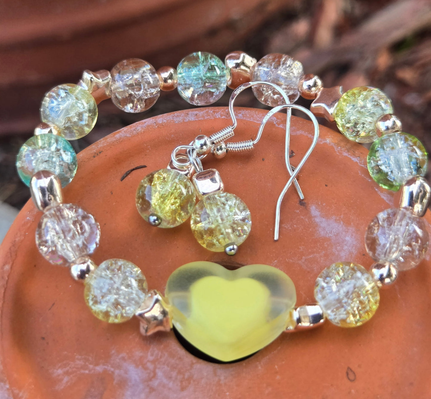 Sunshine Heart Set – Yellow Cracked Acrylic Bracelet & Earrings