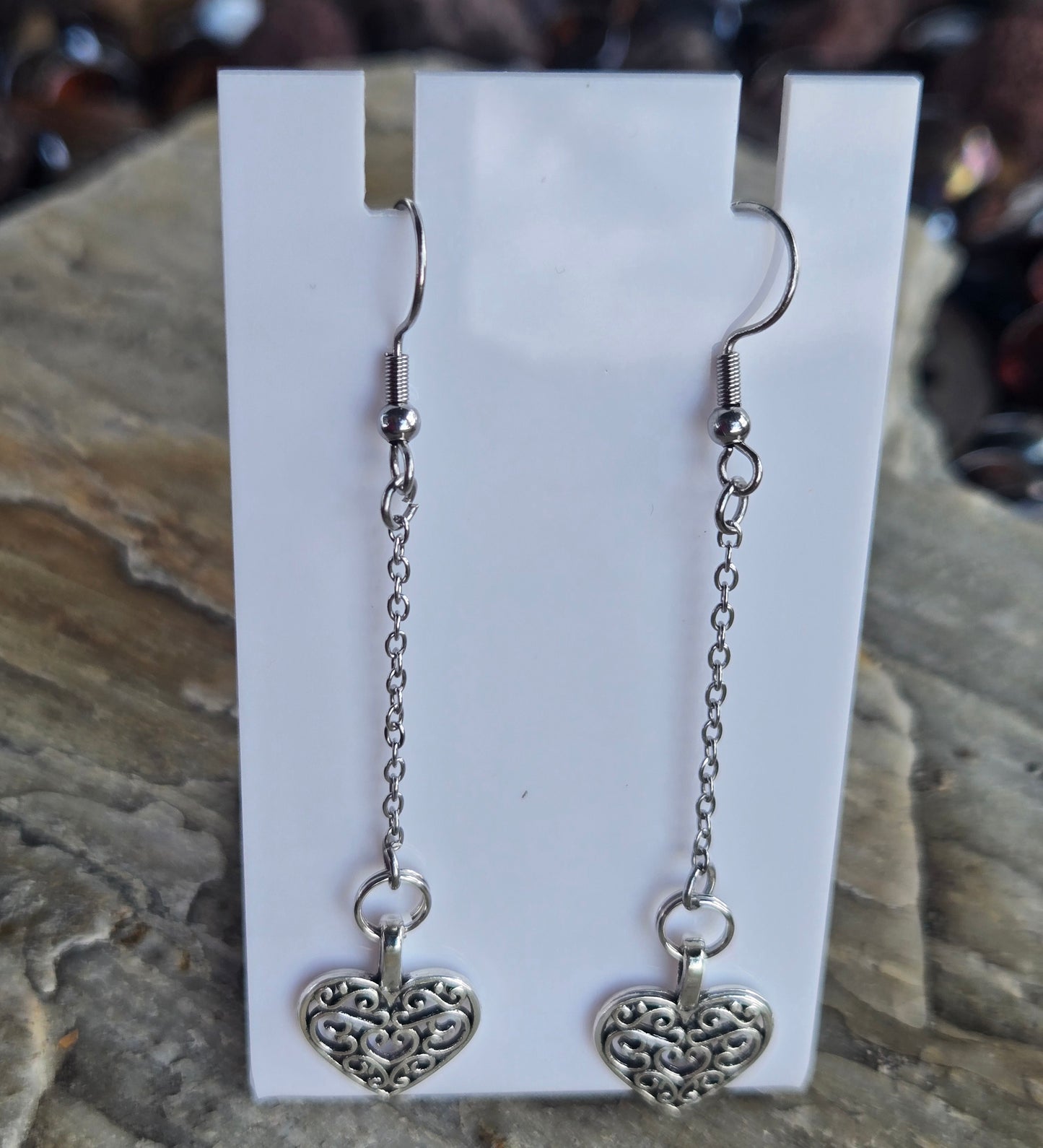 Silver Plated Heart Earrings on long chain