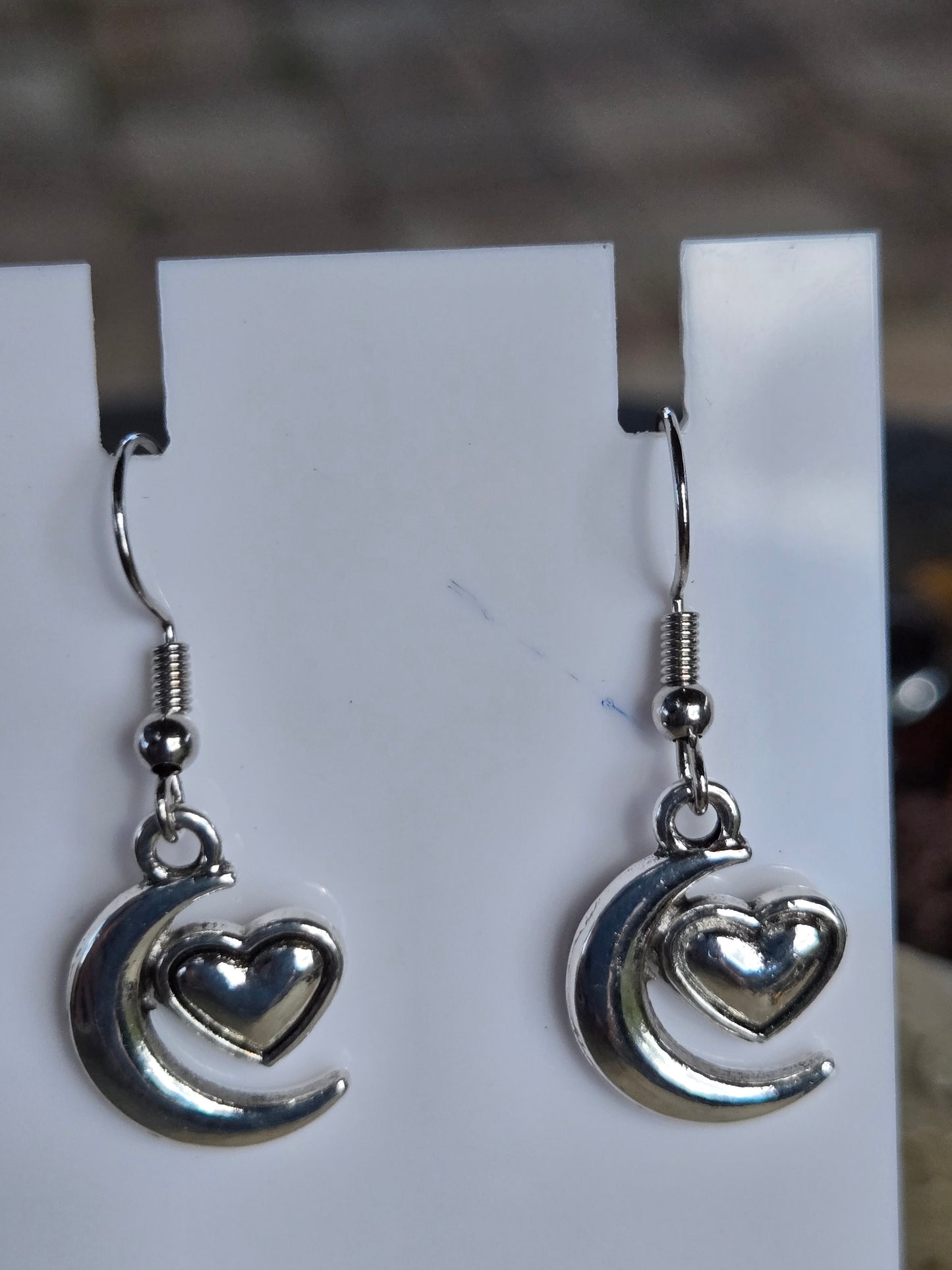 Earrings Handmade Moon and Heart Silver Plated