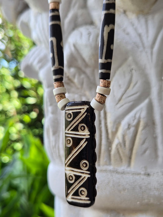 Bone Pendant Necklace with White Turquoise Spacers – 22” Leather Cord