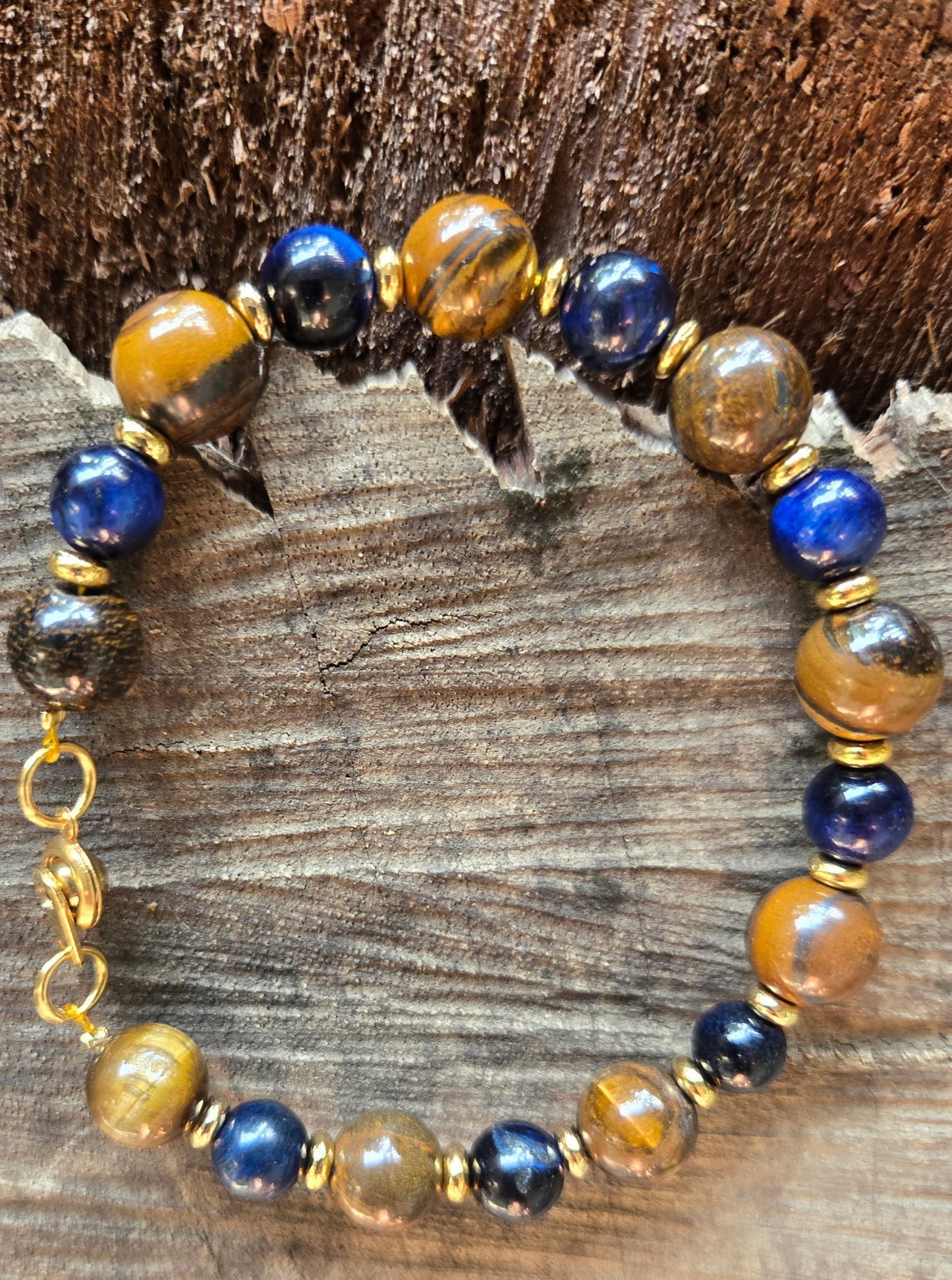 Tiger and Cat's Eye Bracelet with Gold Spacers