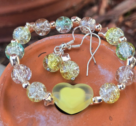 Sunshine Heart Set – Yellow Cracked Acrylic Bracelet & Earrings