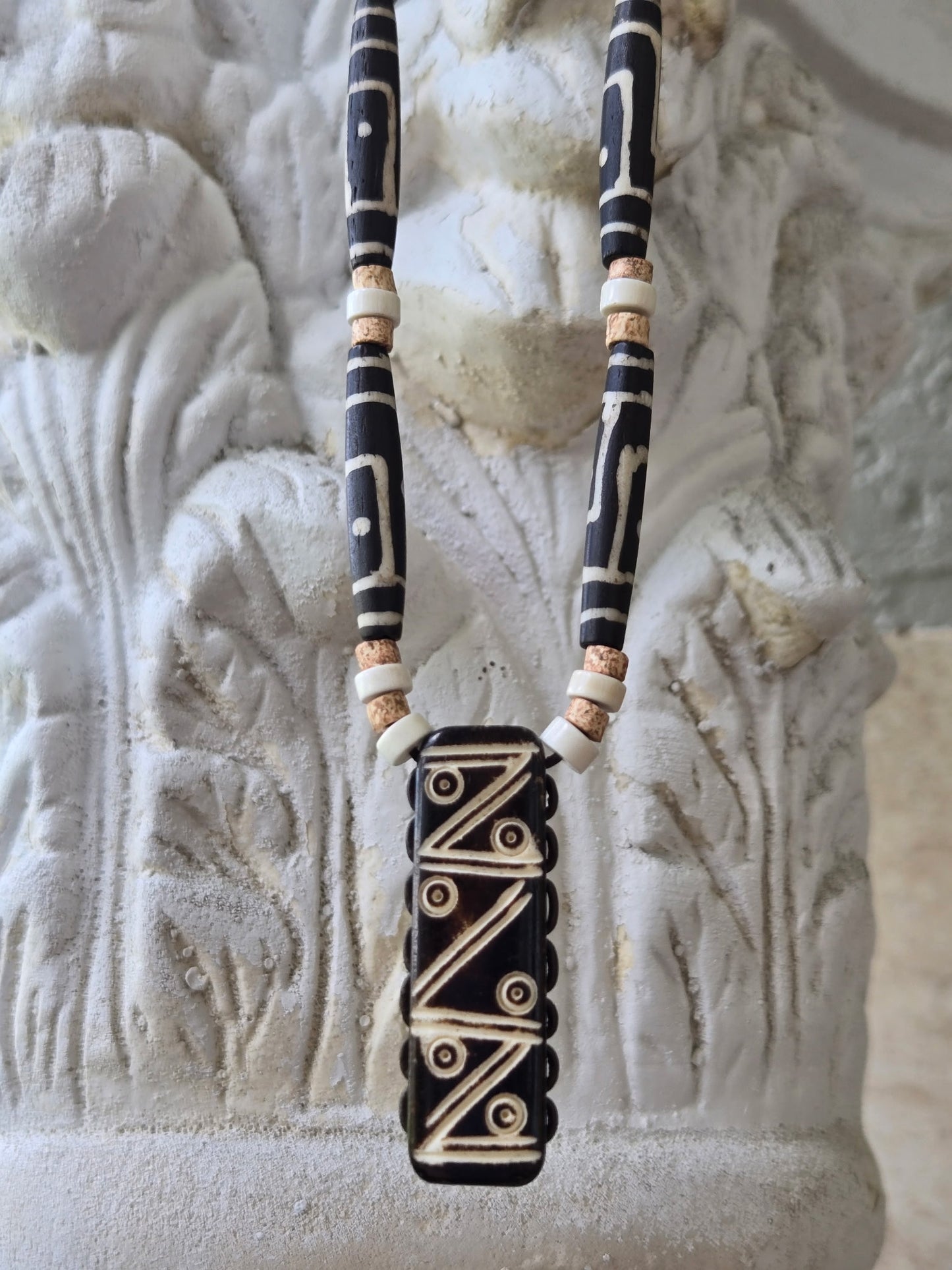 Bone Pendant Necklace with White Turquoise Spacers – 22” Leather Cord