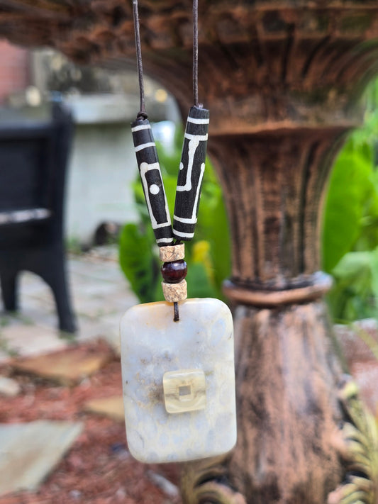 Natural Stone & Bone Beaded Necklace – 22” Leather Cord