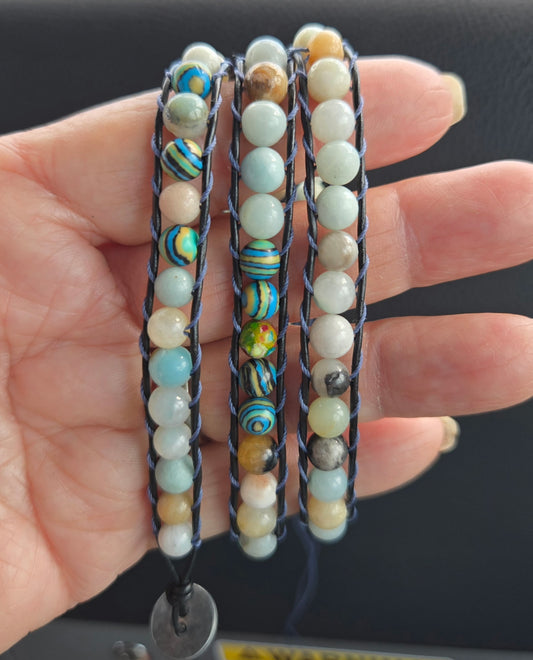 Handmade Amazonite Stone Wrap Bracelet – Braided Leather Cord with Button Clasp