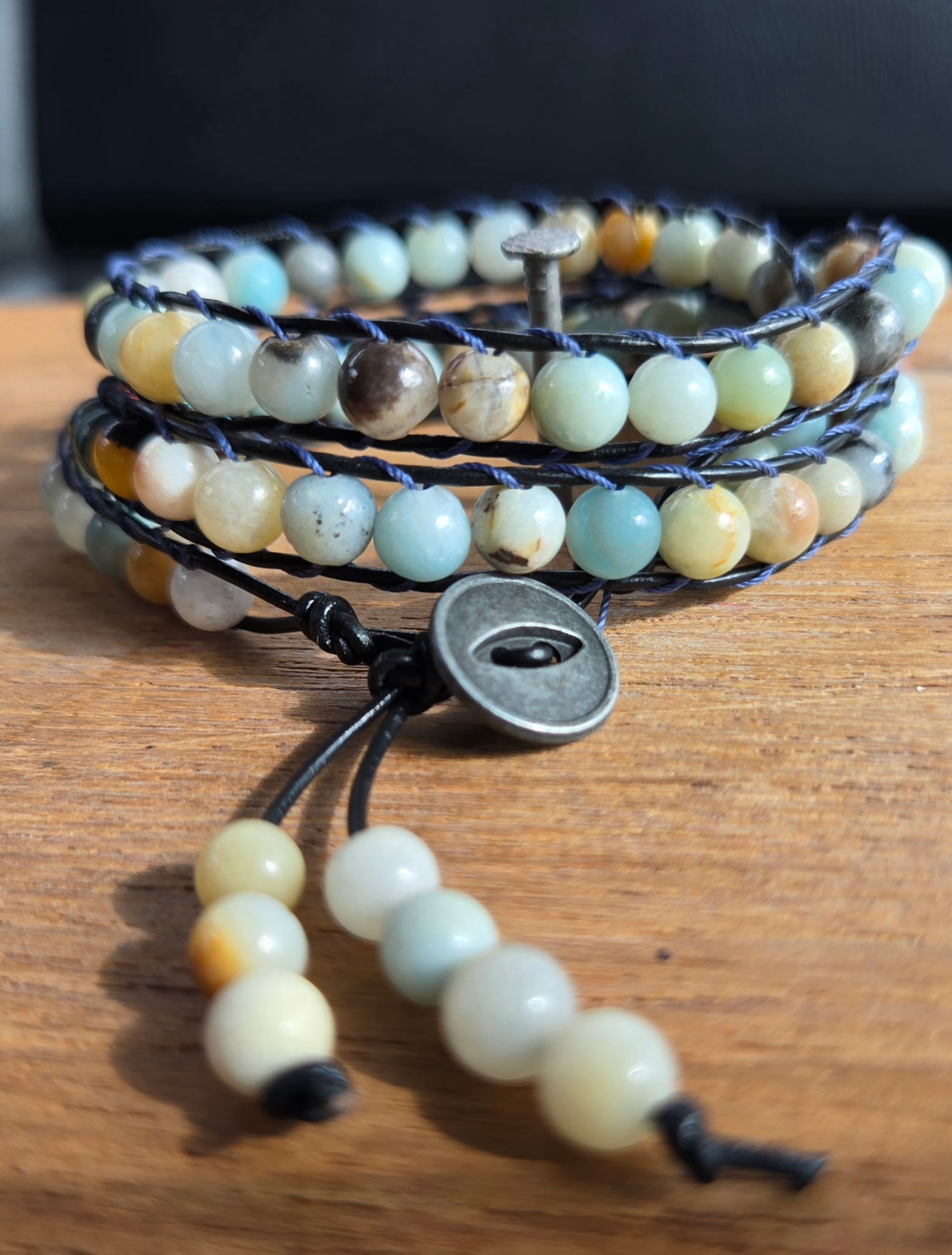Handmade Amazonite Stone Wrap Bracelet – Braided Leather Cord with Button Clasp