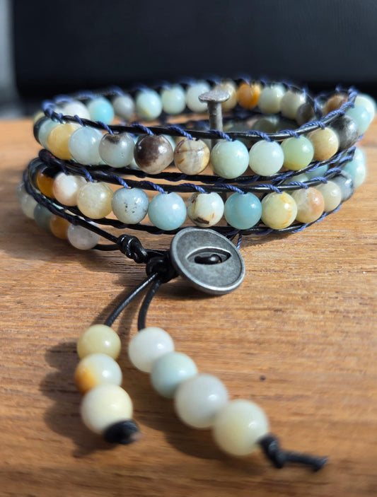Handmade Amazonite Stone Wrap Bracelet – Braided Leather Cord with Button Clasp