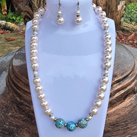 Pearl Necklace with Genuine Stones and Stainless Steel Spacers