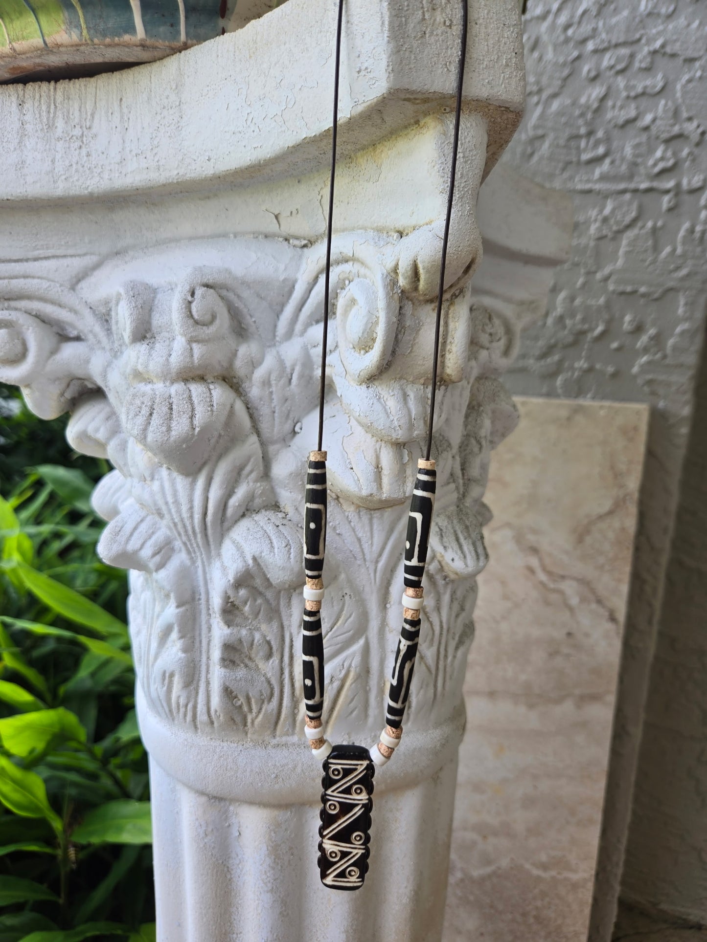 Bone Pendant Necklace with White Turquoise Spacers – 22” Leather Cord