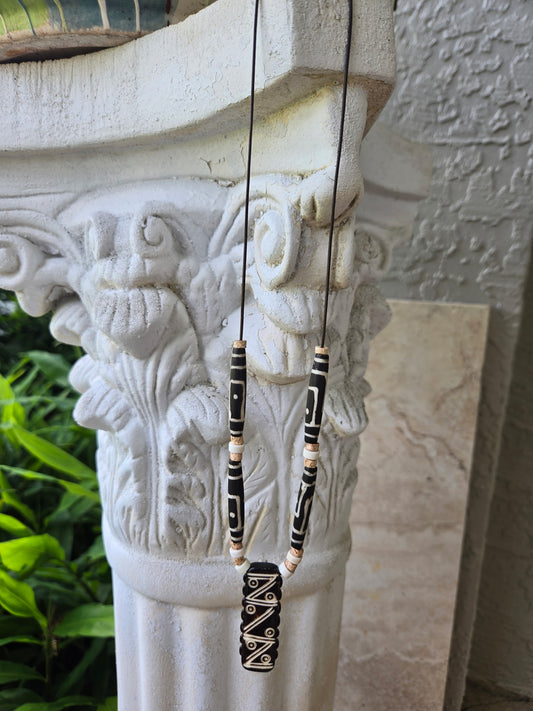 Bone Pendant Necklace with White Turquoise Spacers – 22” Leather Cord