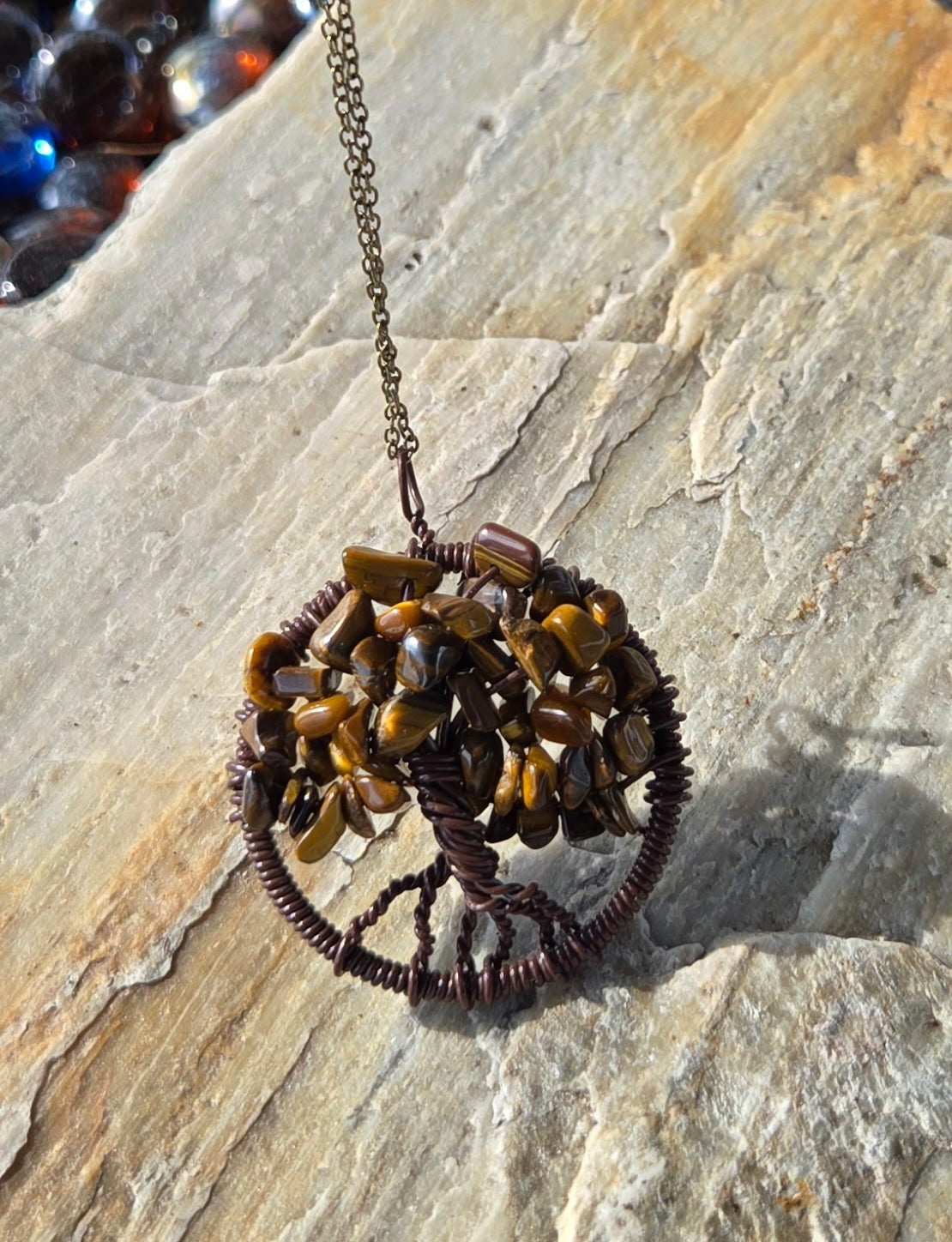 Tree of Life with Tiger Eye Chips Necklance on a Bronze Chain