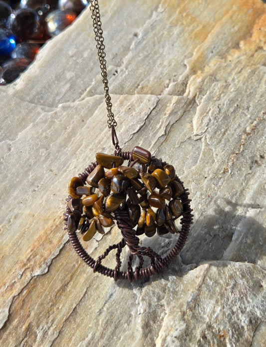 Tree of Life with Tiger Eye Chips Necklance on a Bronze Chain