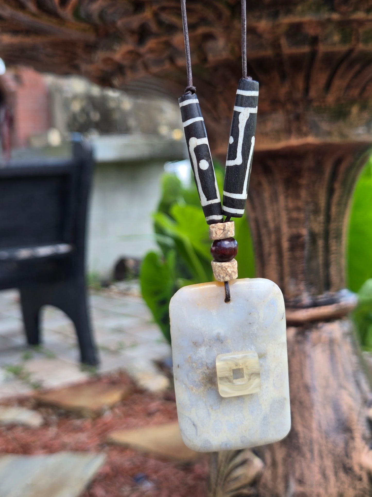Natural Stone & Bone Beaded Necklace – 22” Leather Cord