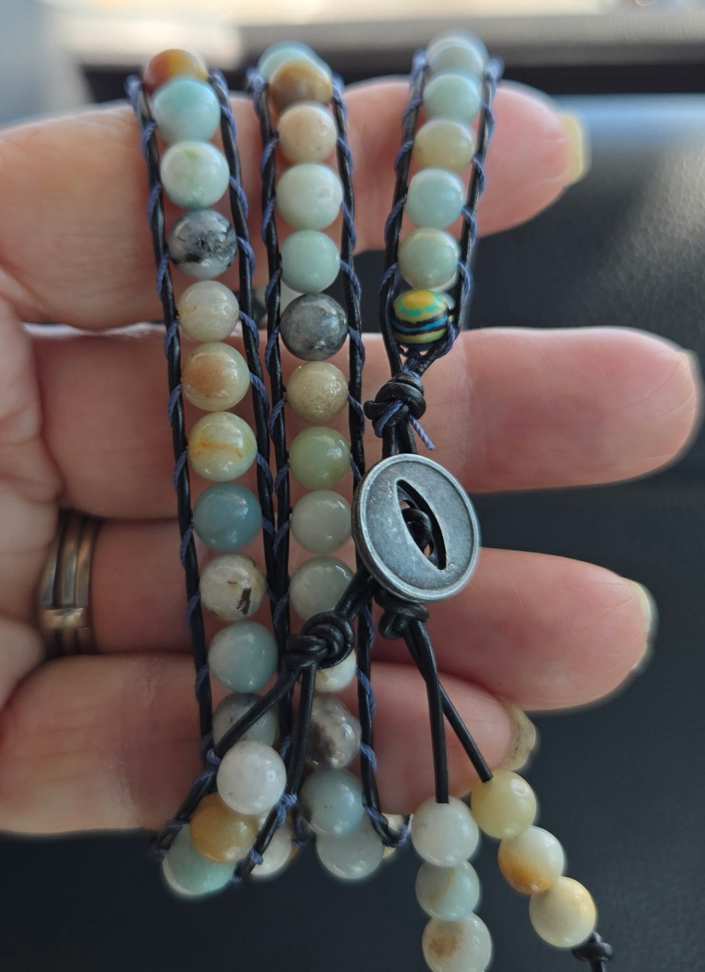 Handmade Amazonite Stone Wrap Bracelet – Braided Leather Cord with Button Clasp