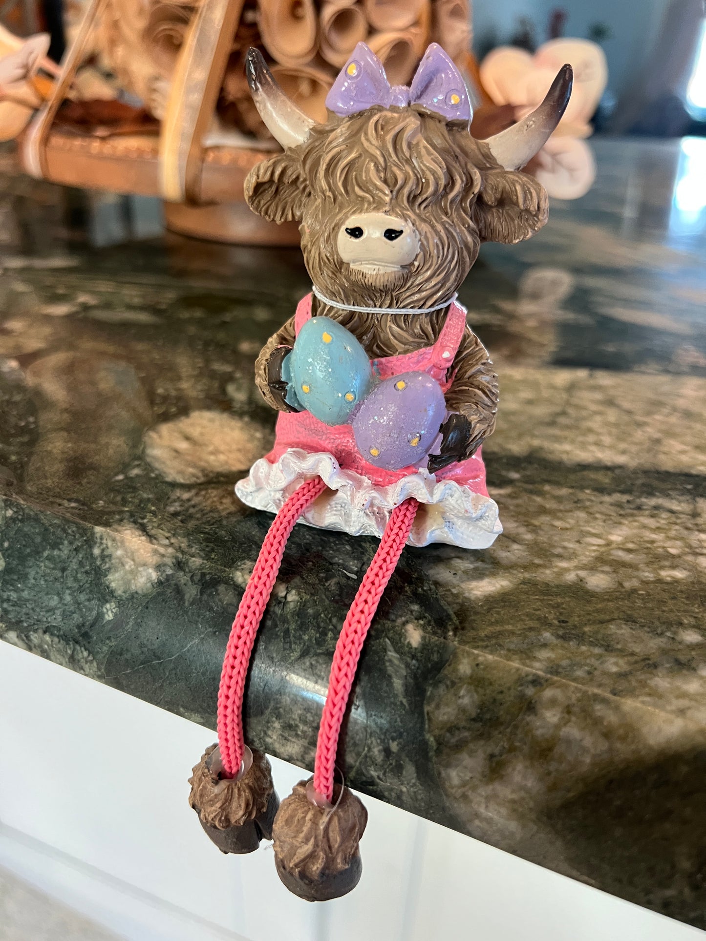 Cow with Pink Dress and Purple Bow Sitter