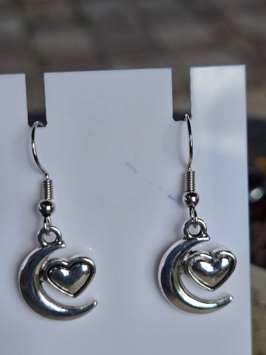 Earrings Handmade Moon and Heart Silver Plated