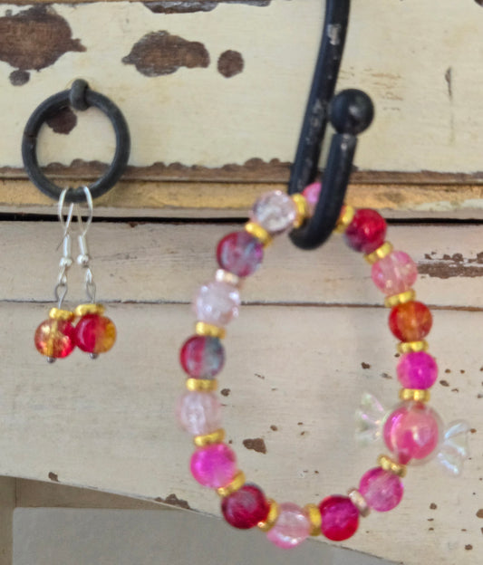 Red Acrylic Bead Bracelet & Earring Set
